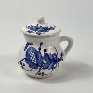 Miniature Hand Painted Pitcher with Lid 2.5" Tall Blue White Flower Souvenir